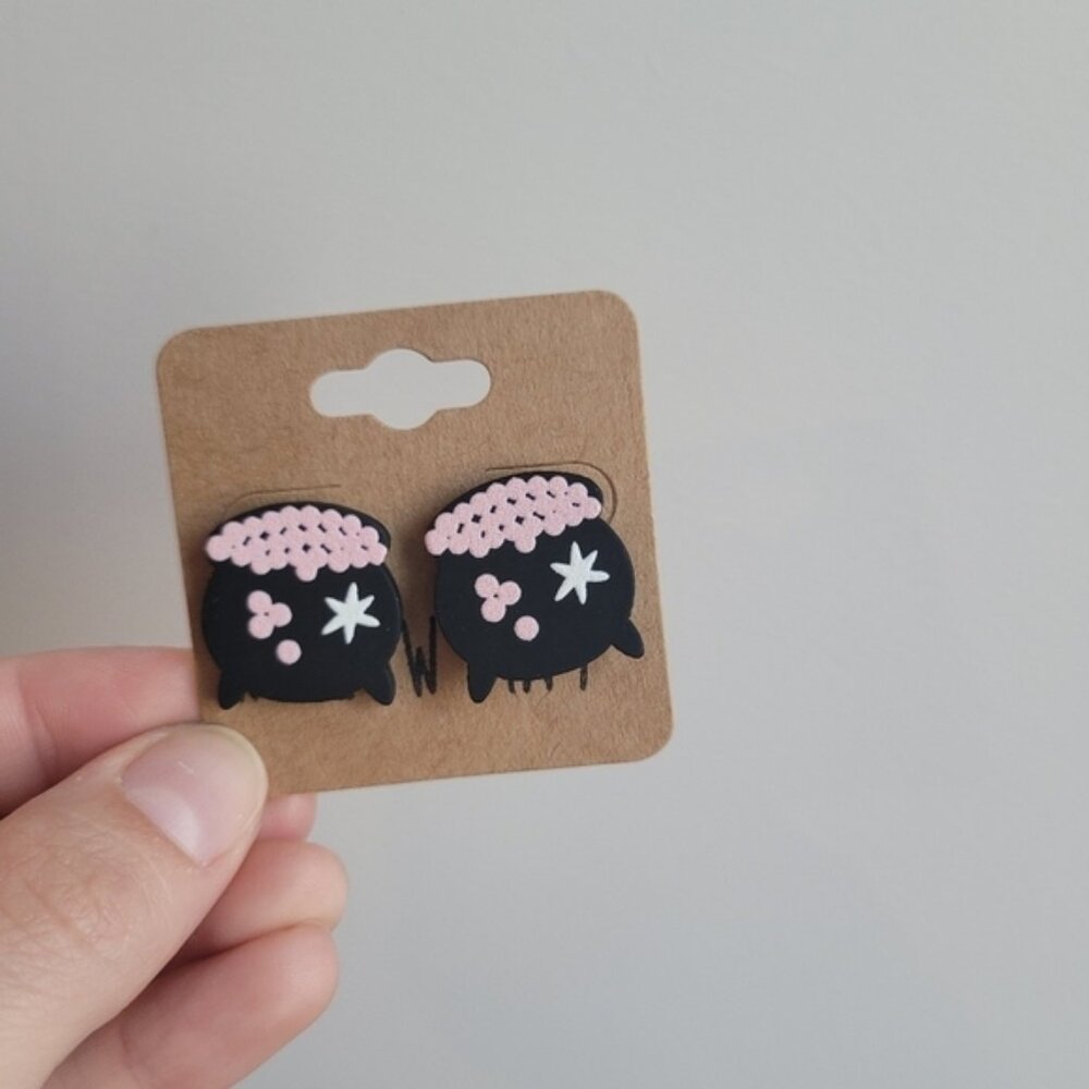 Willow May Black and Pink Witch Cauldron Halloween Earrings